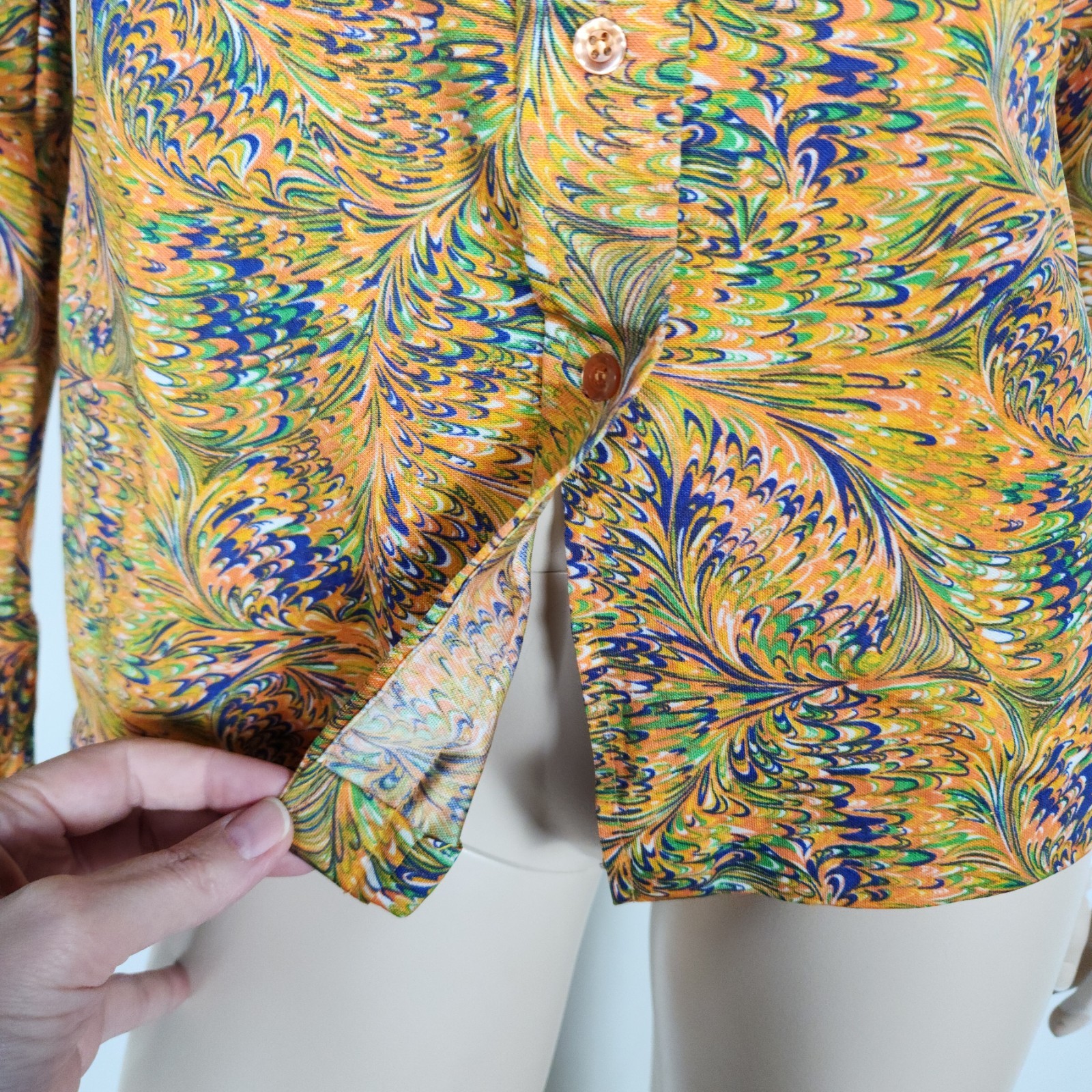 Vtg 70s psychedelic poly button up shirt blouse M/L Hudson’s Bay Company
