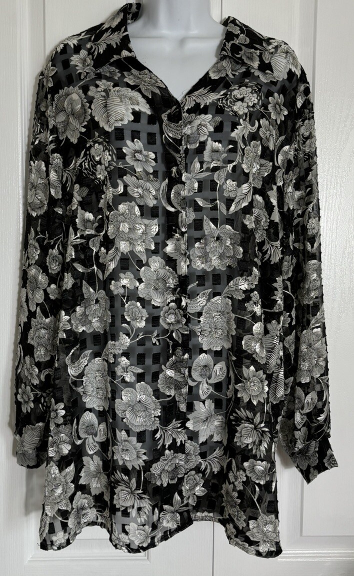 Vtg Y2K Ashley Stewart Black Floral Long Sleeve Button Up Blouse Top Sz 16