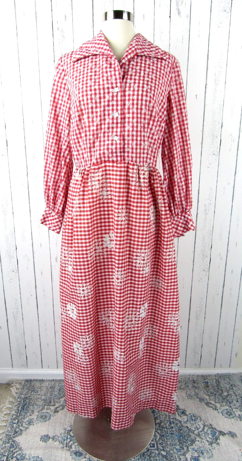 Vintage 70s Red White Gingham Maxi Hostess Dress Floral Long Sleeve Large L