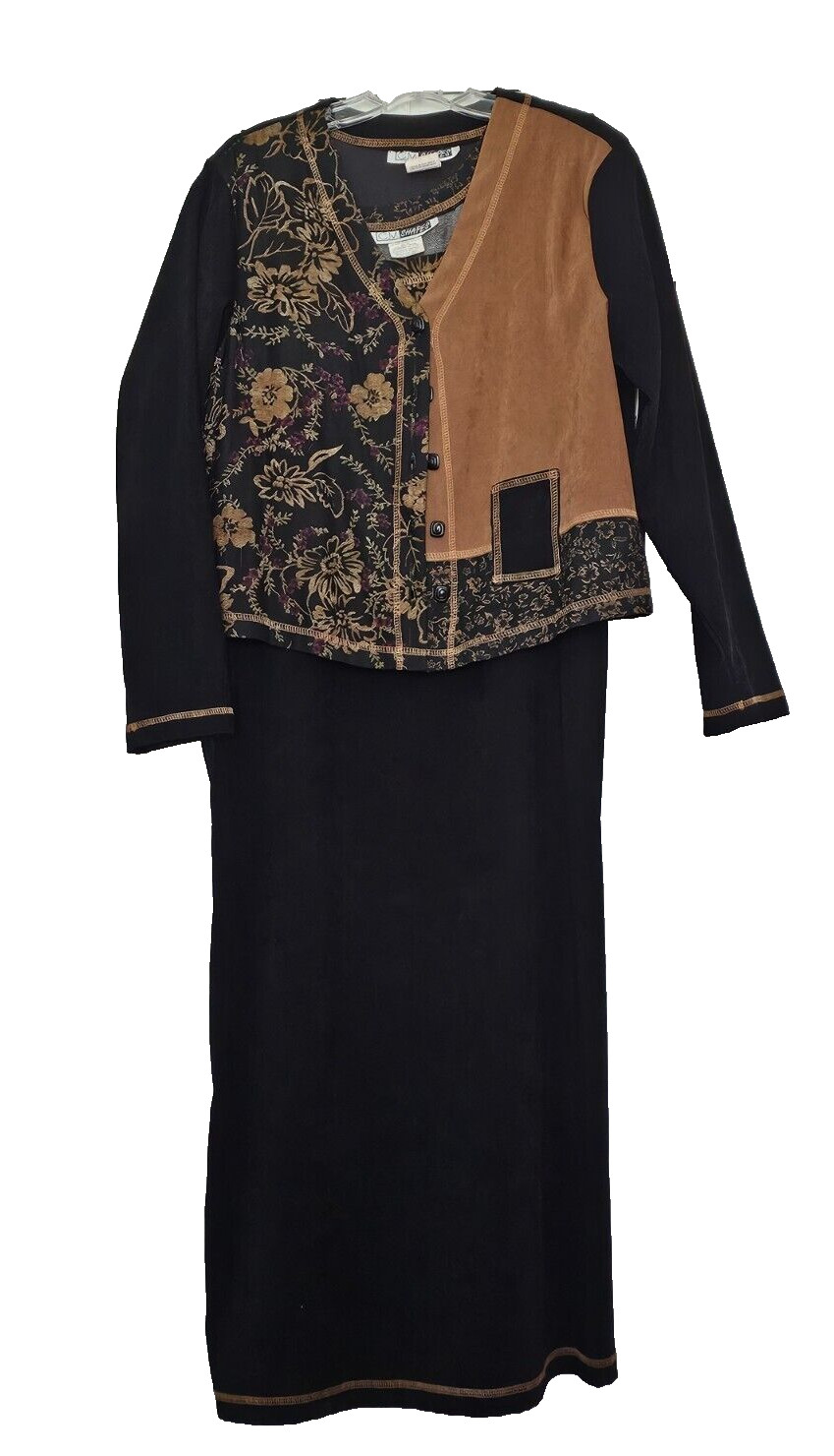 C.M. Shapes Jacket & Maxi Dress Set Black Gold Trim Patchwork Boho Y2K Retro