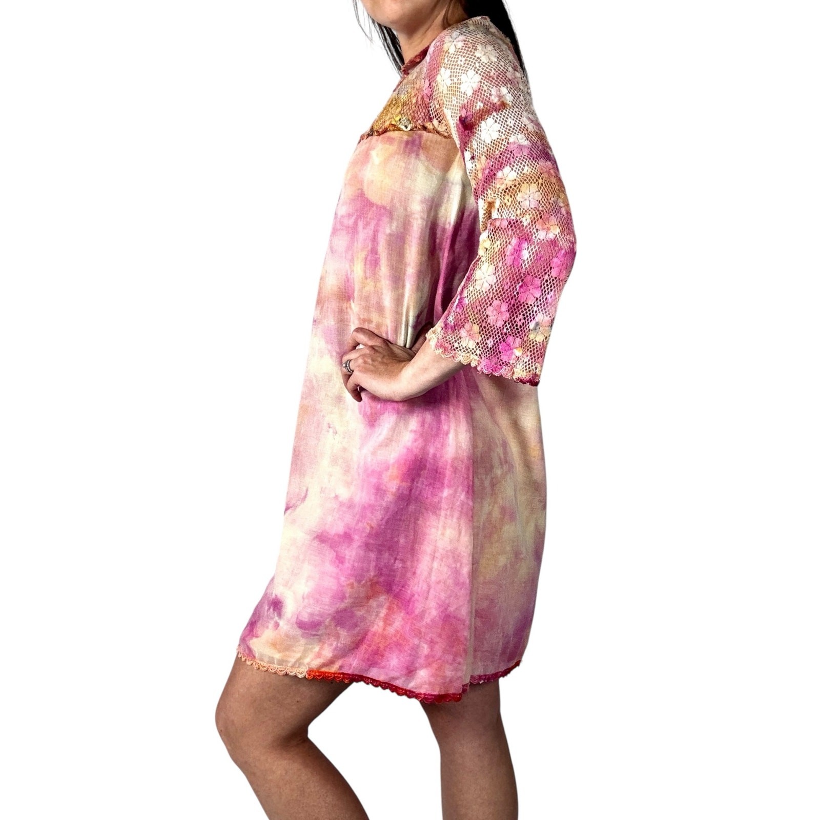 Vintage 1960s Hand Dyed Pink Orange Ice Dye Shift Dress Bell Sleeves Lace Yoke
