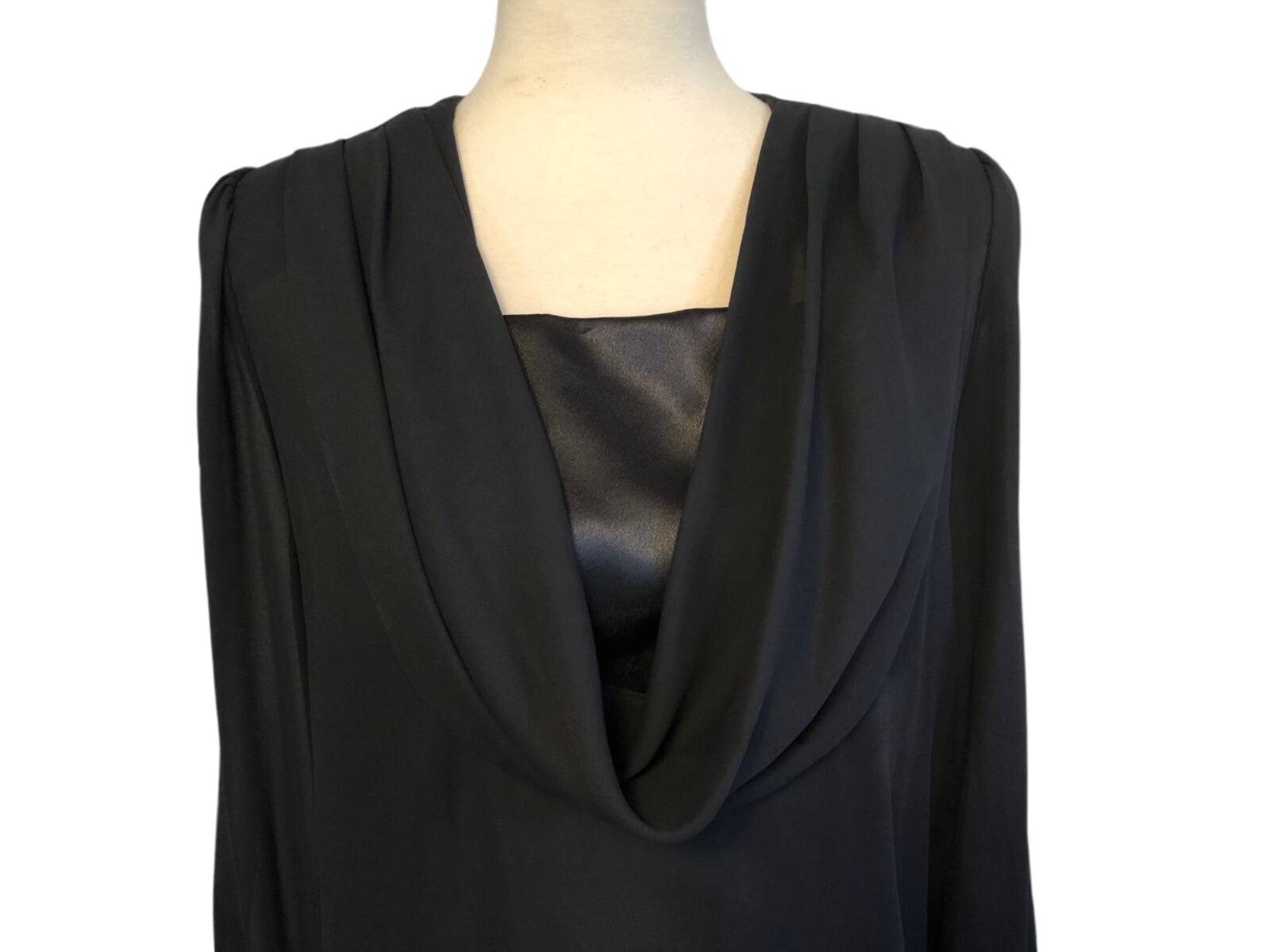 vtg LADY CAROL Black Chiffon Blouson Dress Sz 14 Pleated Drop Waist 80s 90s