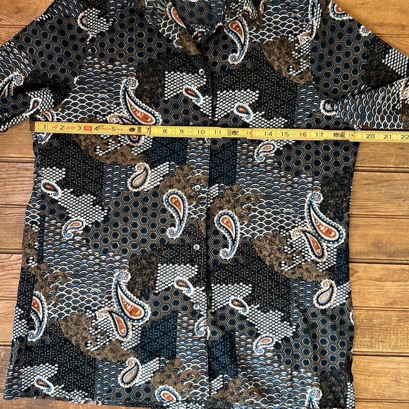 Women’s vintage classic 70’s blouse black and brown Paisley polyester size 12