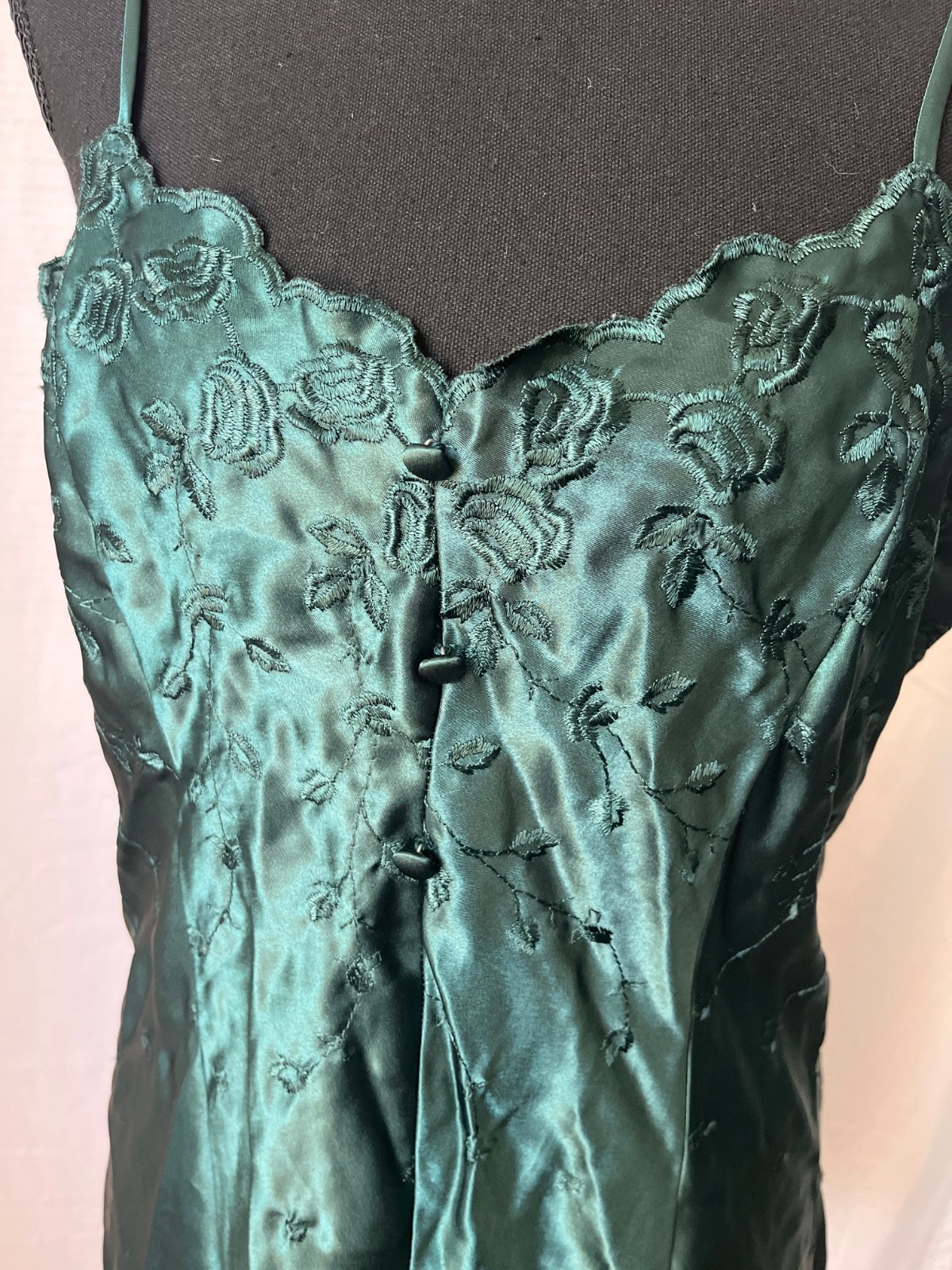 Vintage 80’s Angelique lingerie Large Slip Dress Hunter Green Embroidered Floral