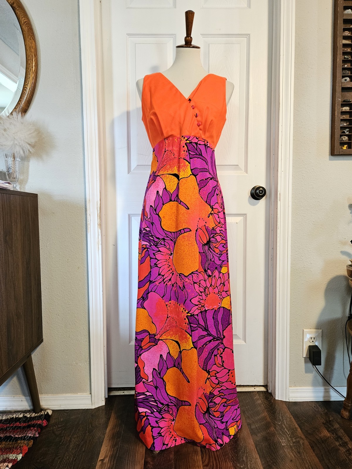 Vintage 1960s Liberty House Hawaiian Orange PinK Floral Maxi Dress Size 11/12