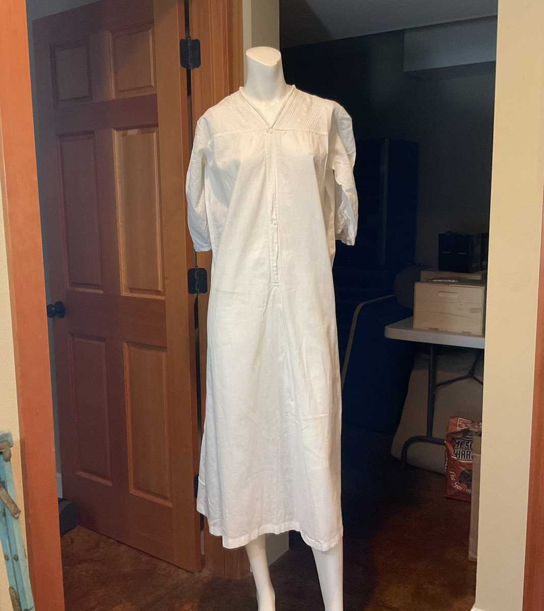 Antique cotton nightgown button front white cotton 3/4 sleeves Lace trim yoke