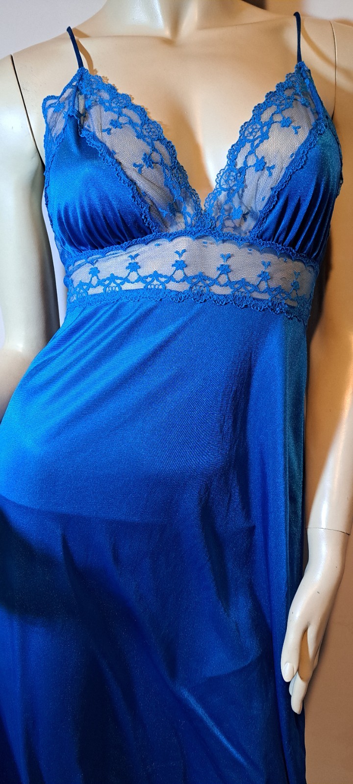 Vtg Kayser Long Nightgown Sexy Lace Spaghetti Straps Small Deep Teal Green Blue