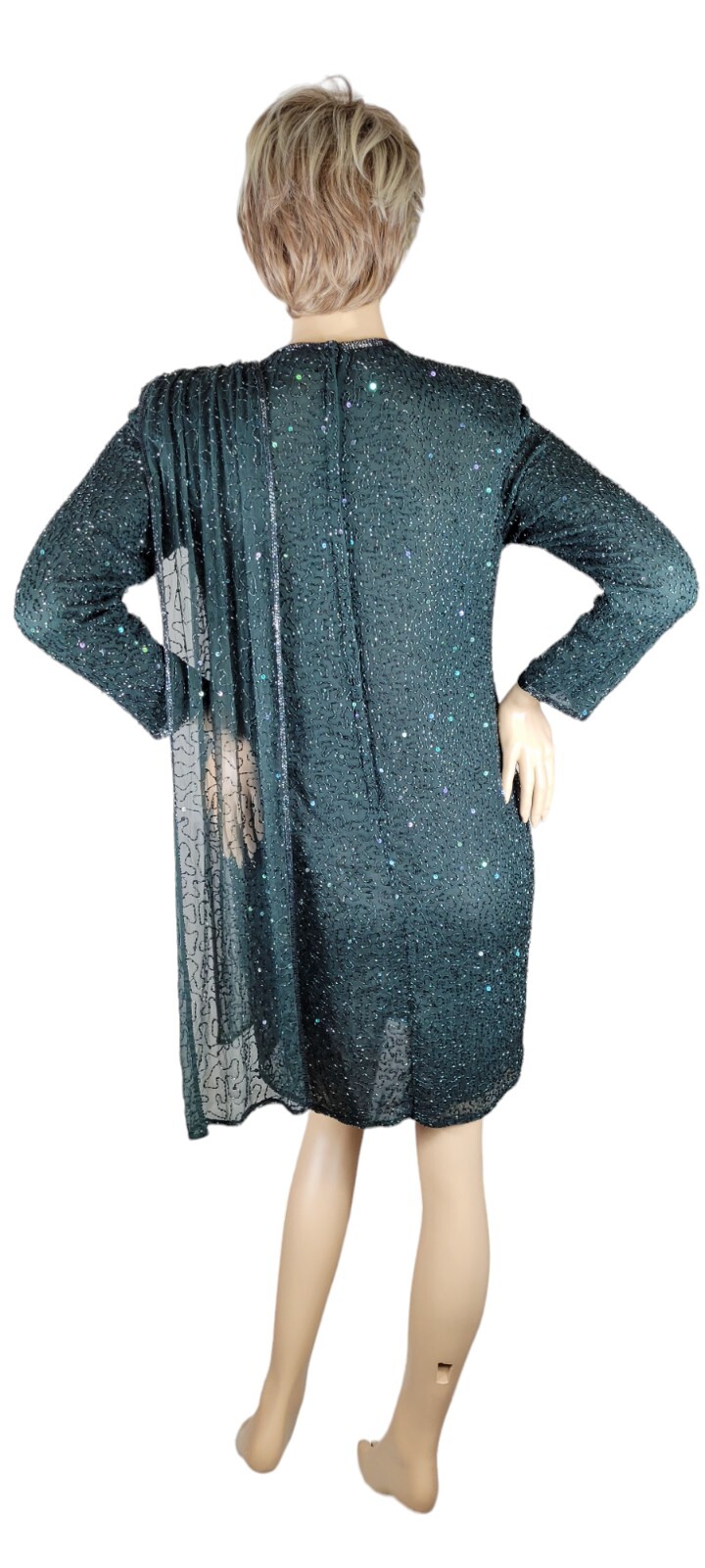 Vintage Judith Ann Creations Hunter Green Beaded Sequin Cocktail Evening Dress L