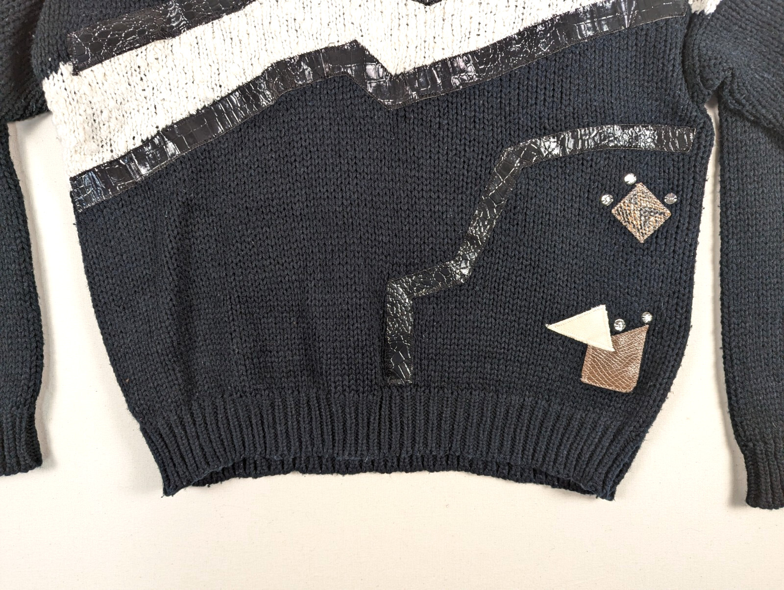 Vintage Jamie Scott 1980s Geometric Abstract Sweater Black Metallic Knit Sz L