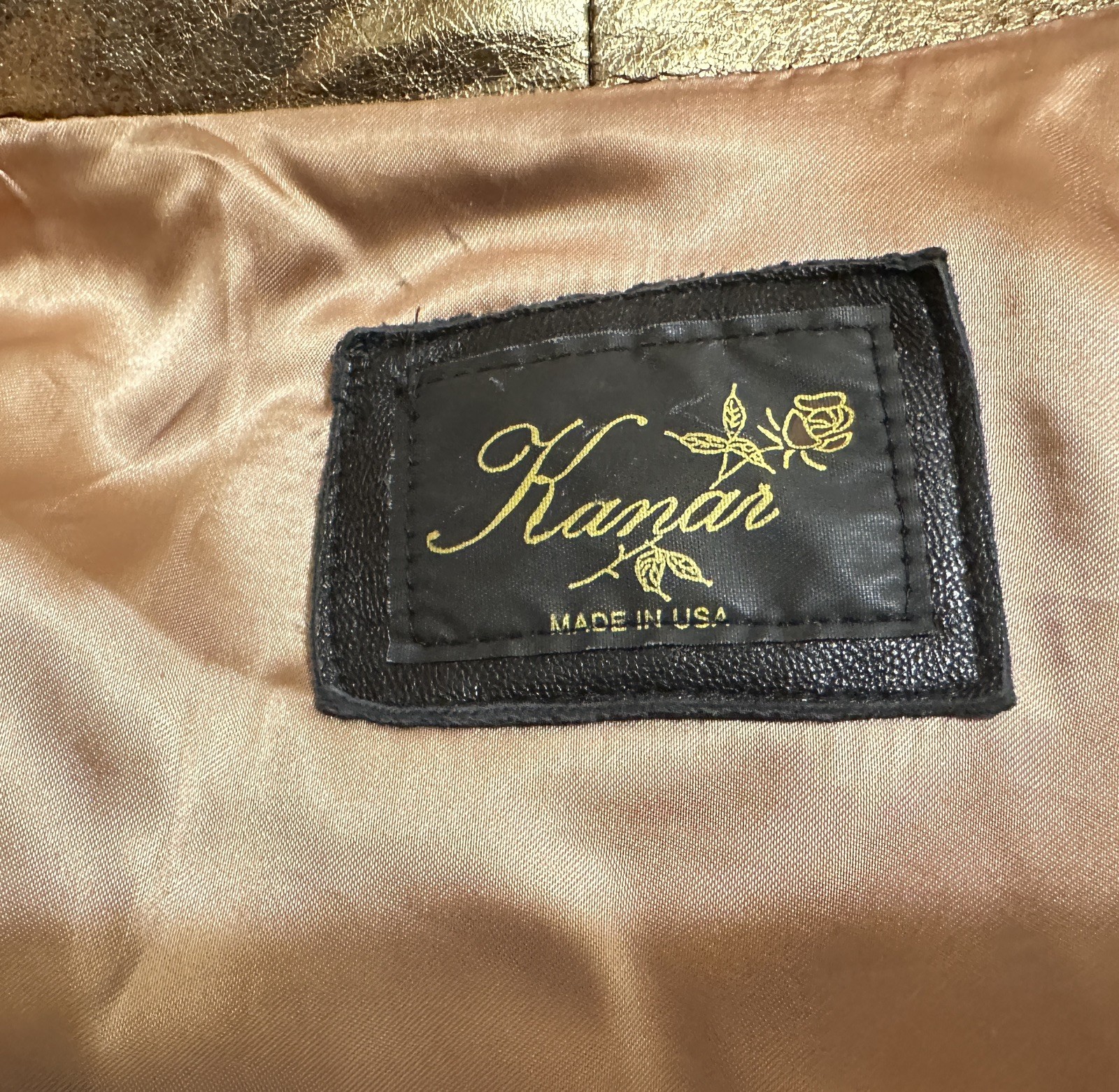 VTG 80s Kanar Gold Lame Metallic Leather Swing Coat Hollywood Glam XL / 2XL