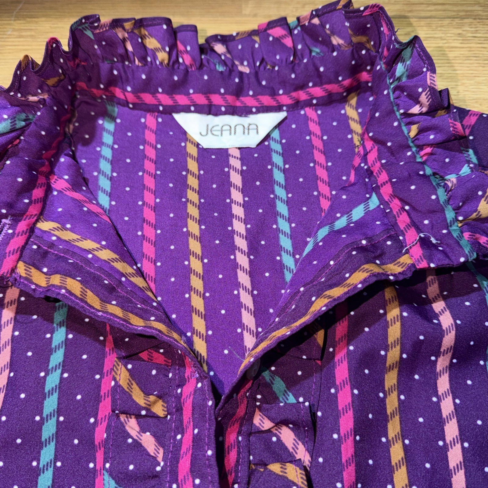 Women’s Purple Striped Polka Dot Blouse Sz Lg High Neck Ruffles Button Up VTG