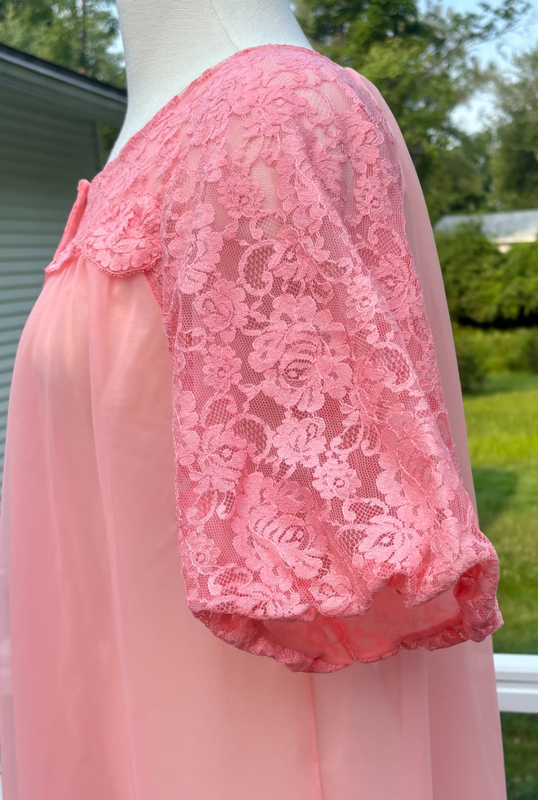 Vintage Sears Lace Puff Sleeve Sheer Nylon Chiffon Double Layer Robe 36