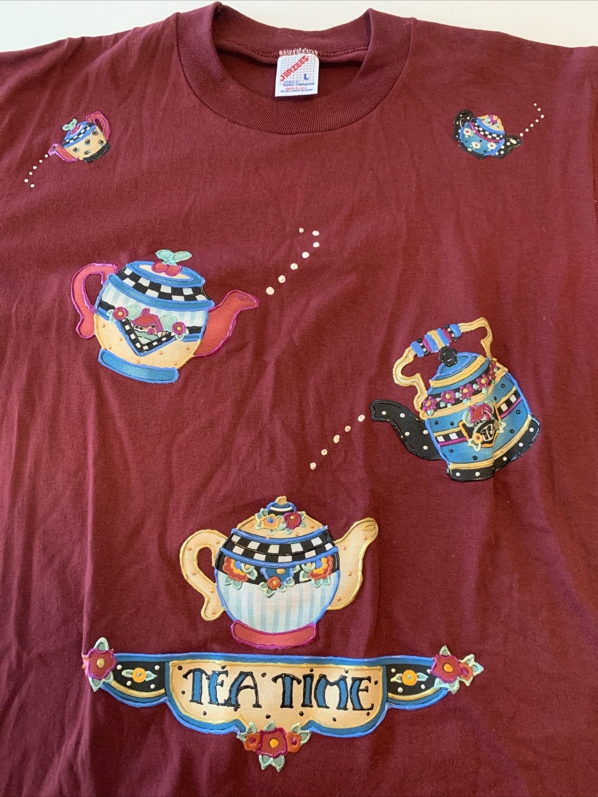 VTG Granny Core Graphic Tea Pots Jerzees L 80s Puffy Paint T Shirt