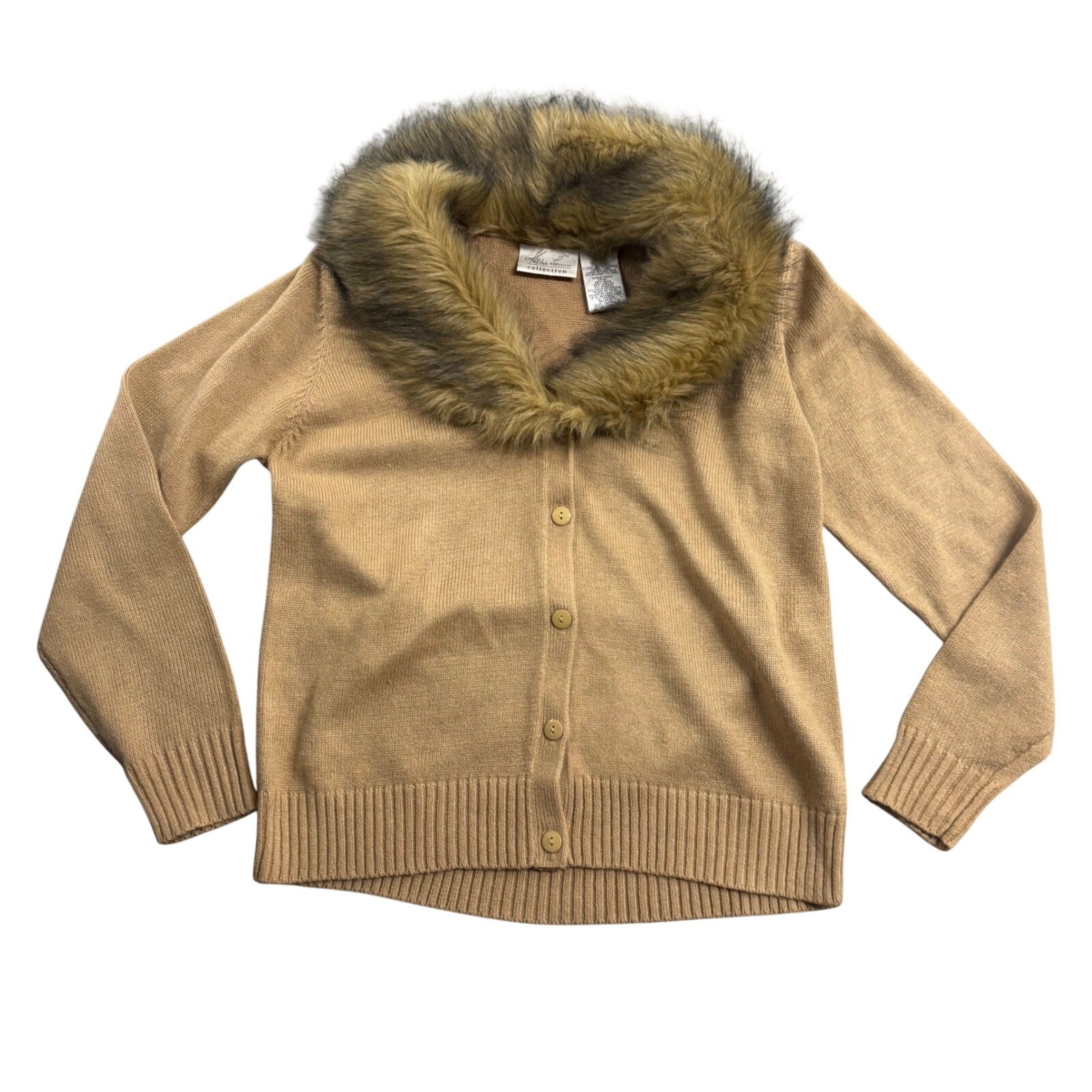 VTG Y2k Kathie Lee Brown Fur Collar Button Cardigan S/S Retro Old Money Mobwife