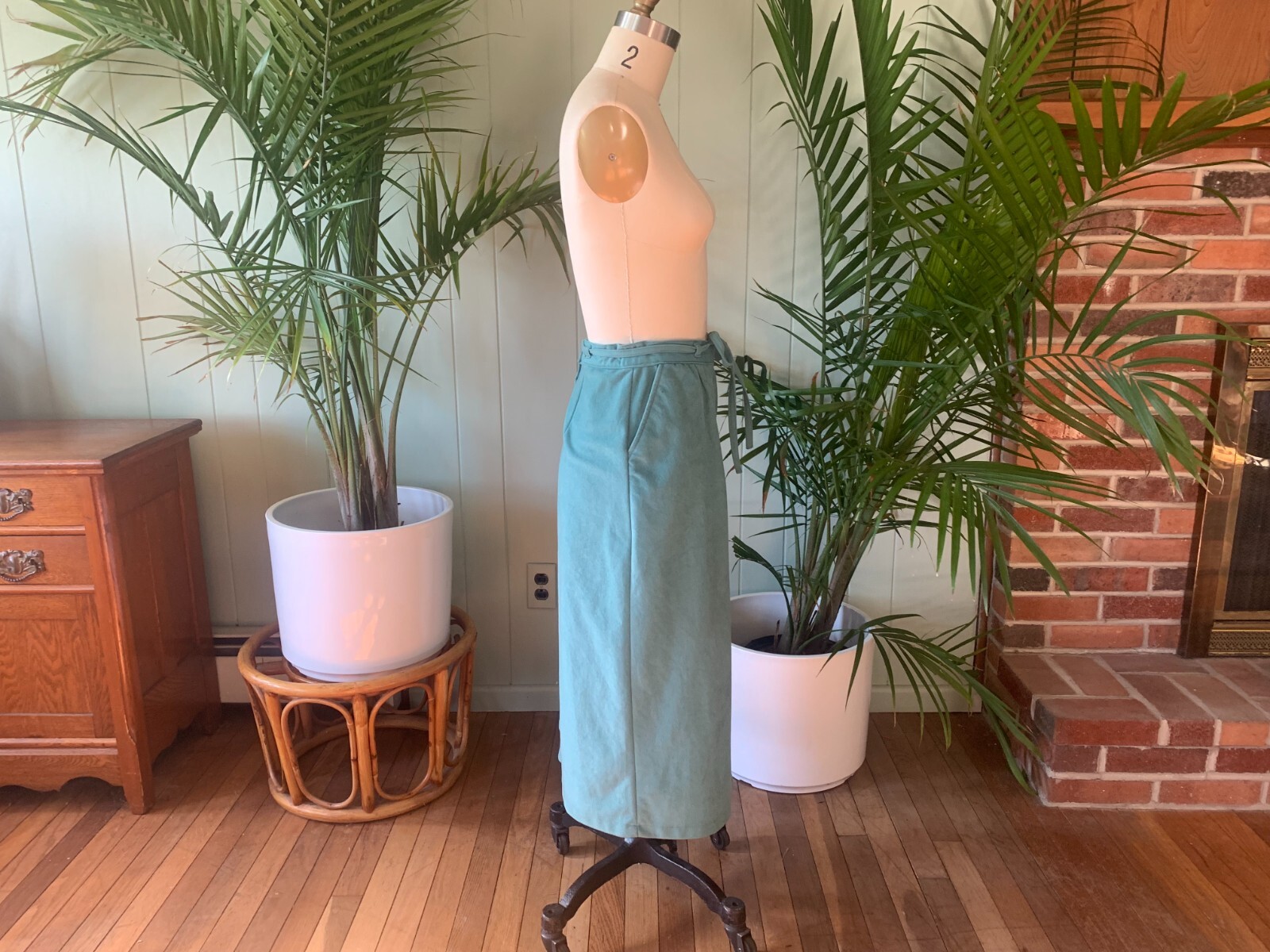 Vintage 1970s Light Turquoise Blue Sash Belt Midi Skirt White Stag