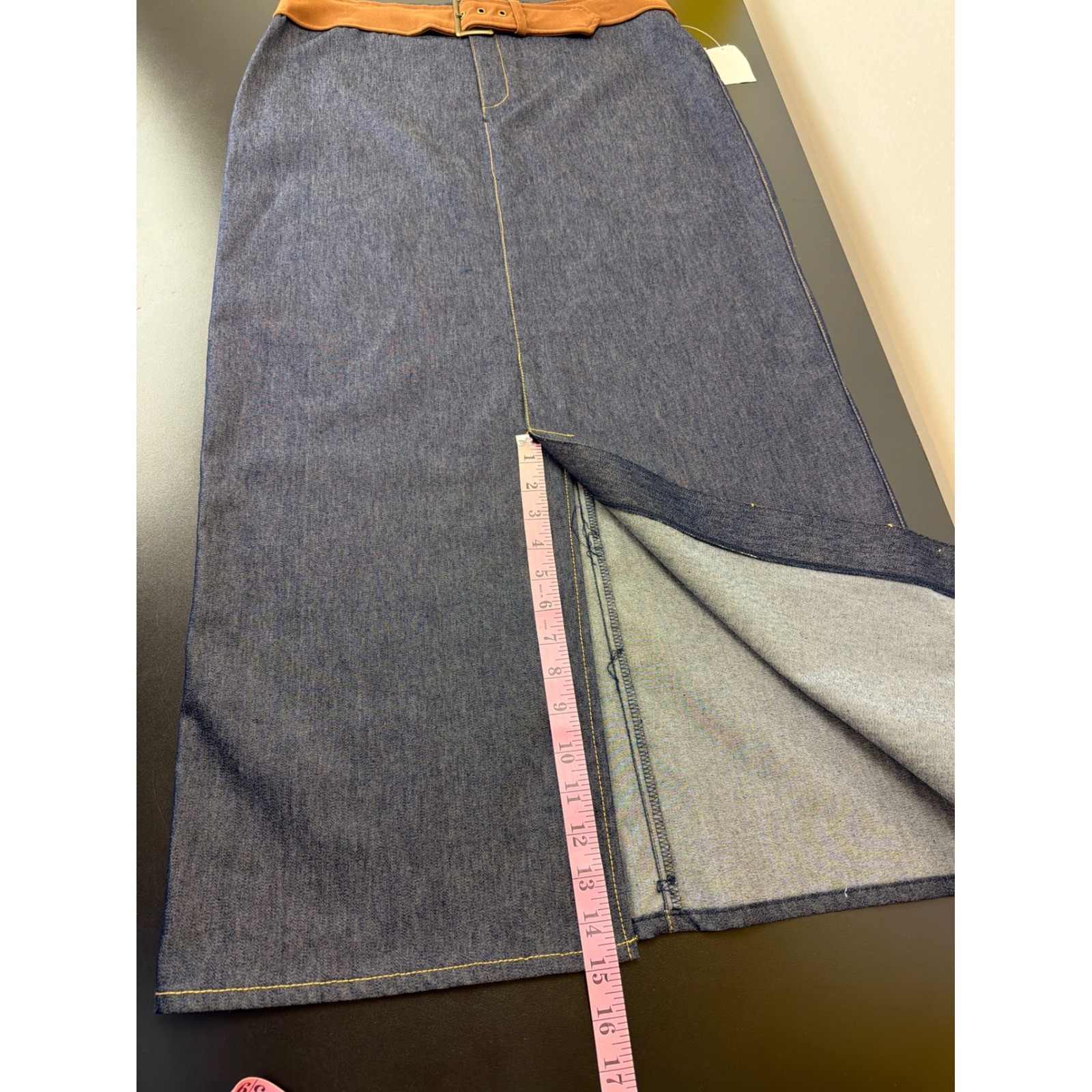 Vtg Fashion Bug Stretch Maxi Denim Pencil Skirt 12 Faux Belt Look Made in USA