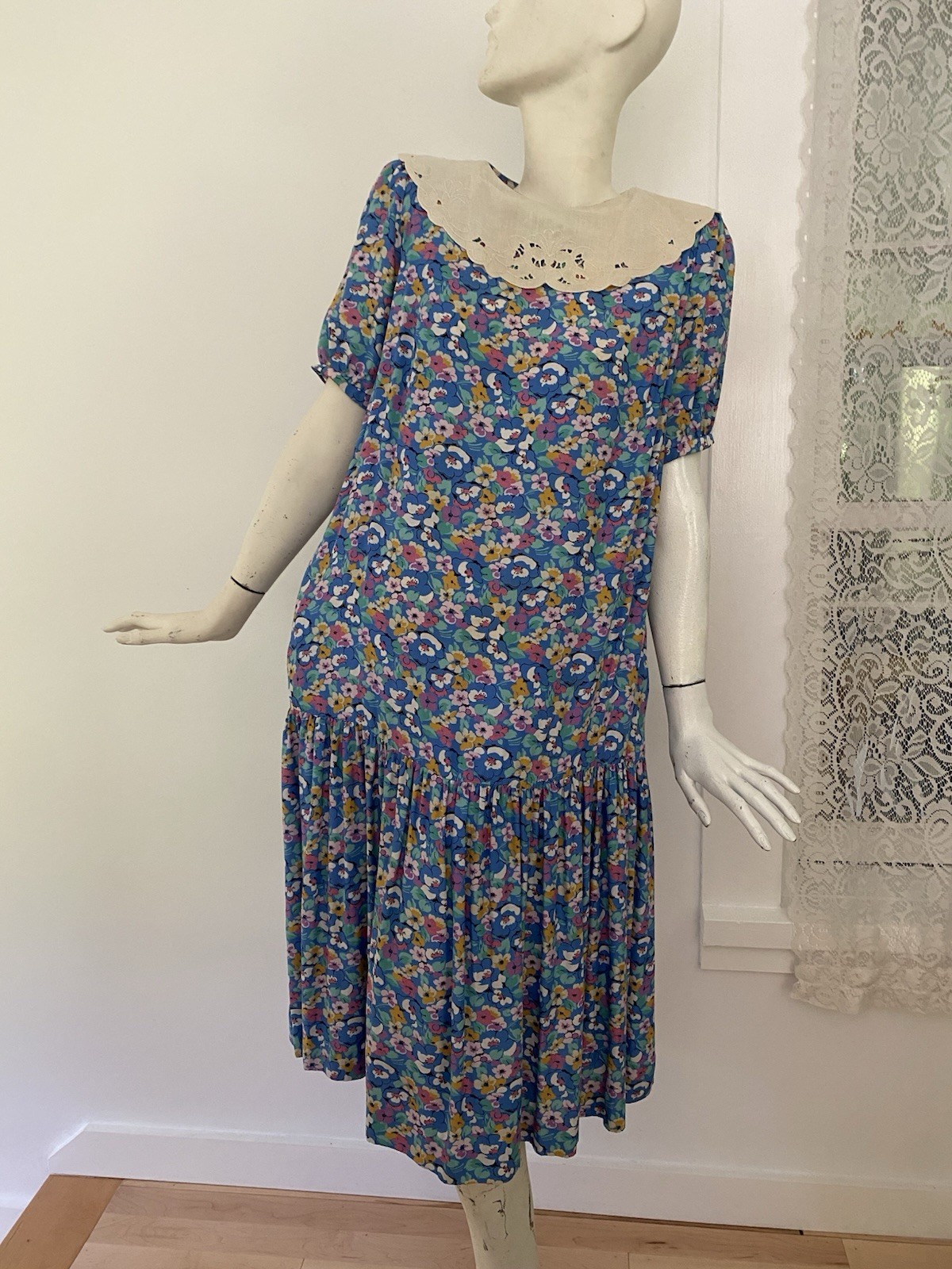 VTG Jane Schaffhausen Belle France Floral Cottage Core Prairie Dress 80s Collar