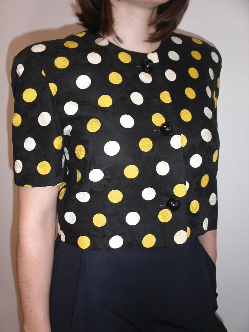 Black yellow polka dot Vintage 80s cropped jacket Constance Saunders blazer Saks