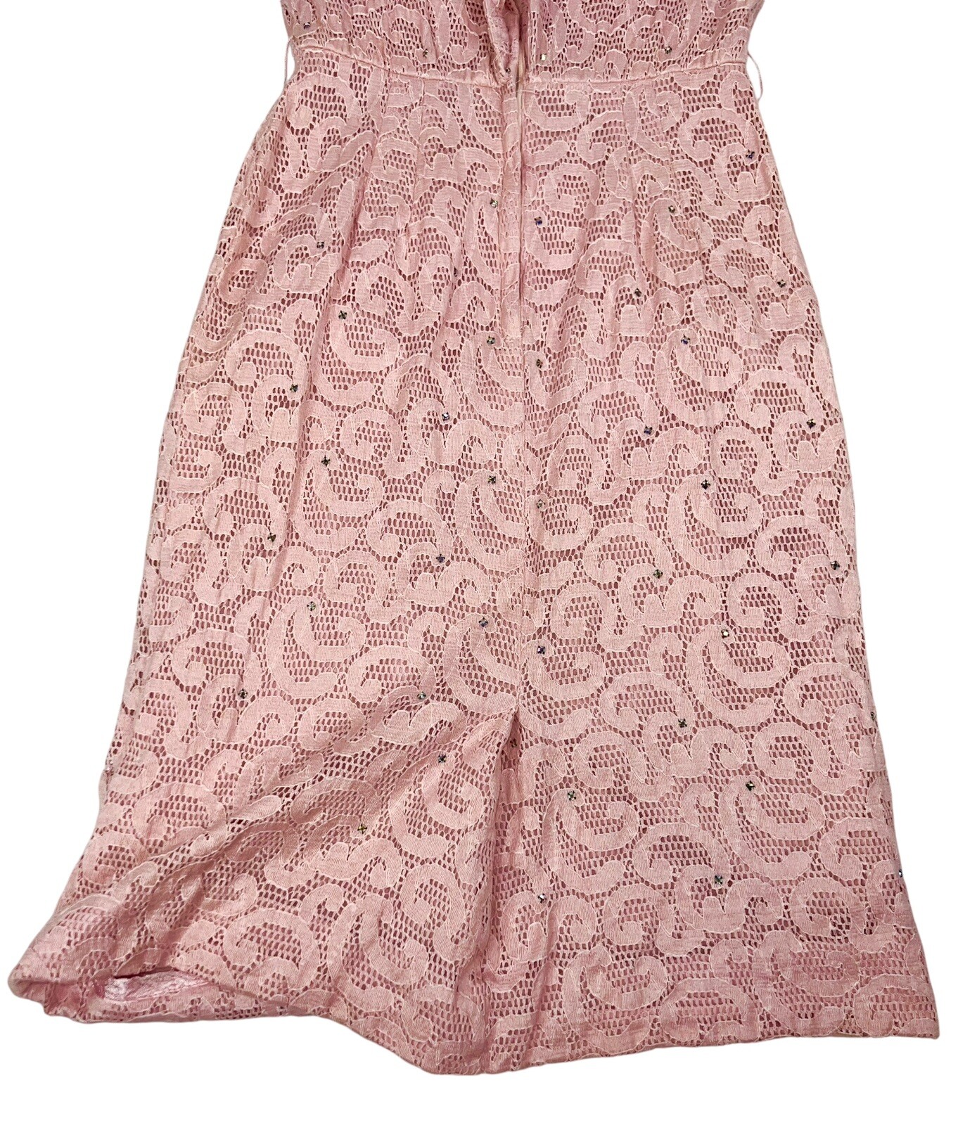VTG 1950s PAUL SACHS RHINESTONE PINK LACE COCKTAIL WIGGLE DRESS ROCKABILLY GLAM