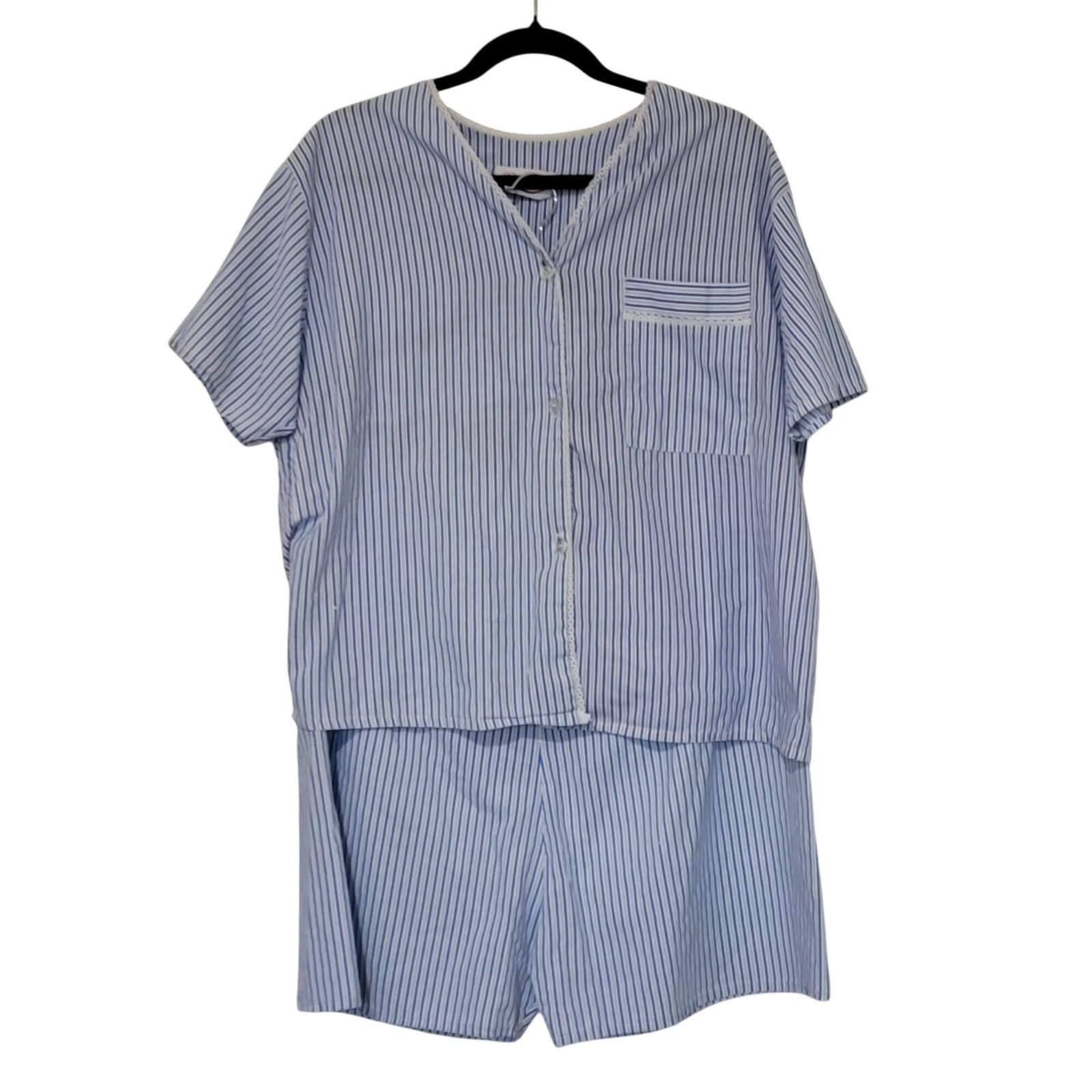 Vtg Pinstriped Pajama Set Women Large Loungewear Shorts Classic Blue White Retro