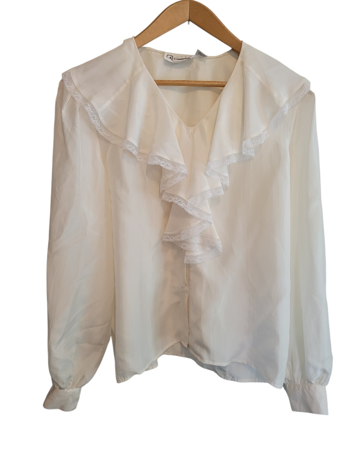 Alexandria Vintage 100% Silk Ruffled V-neck Blouse Ivory Old Money Career Sz 8