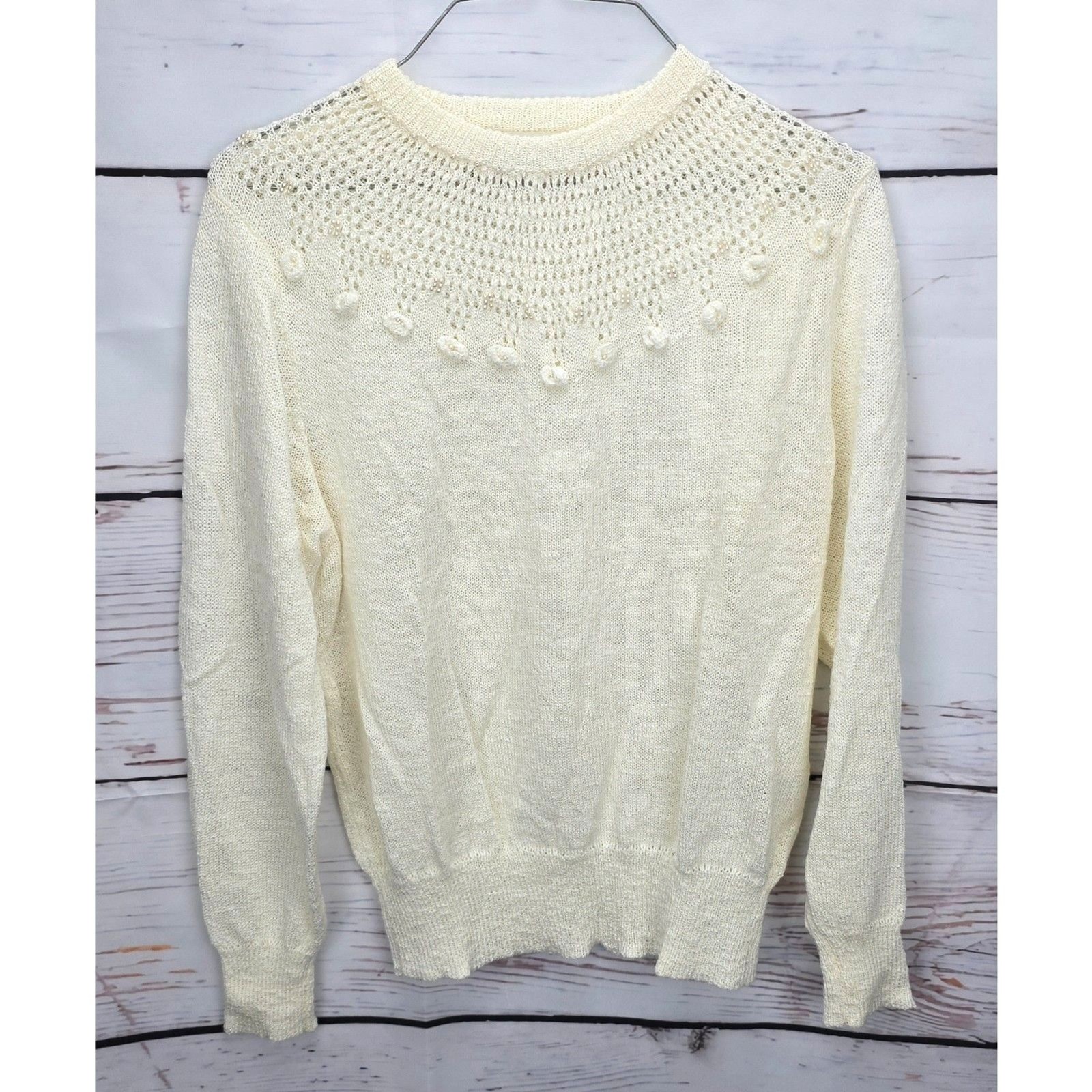 Vintage Coquette Dean’s of Scotland LG Cream Pearl Flower Sweater Acrylic EUC