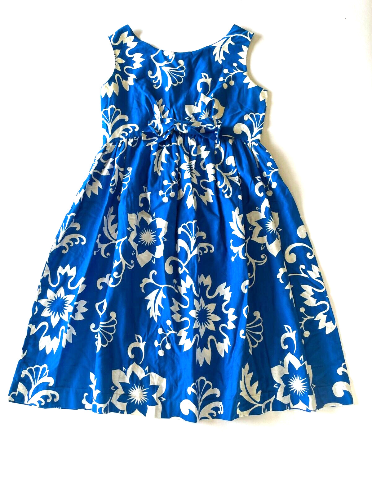 Vintage 1950s Waltah Clarke’s Hawaiian Blue Hibiscus Dress Bow Sm Md S/M
