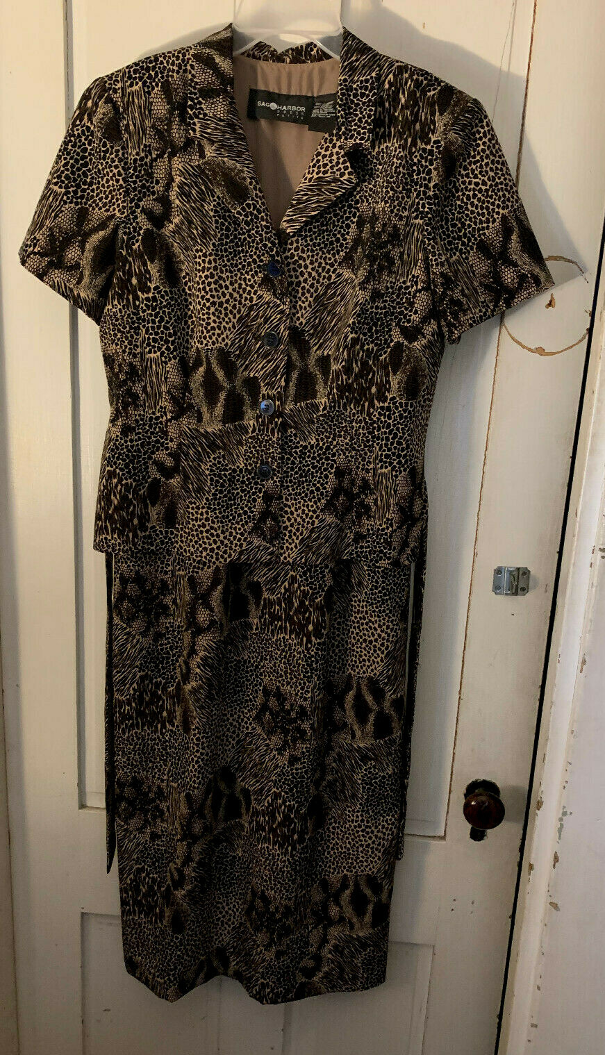 90s vtg Y2K Mob Wife Dress Jungle Print Peplum Brown Black Belt M-L Bust=36