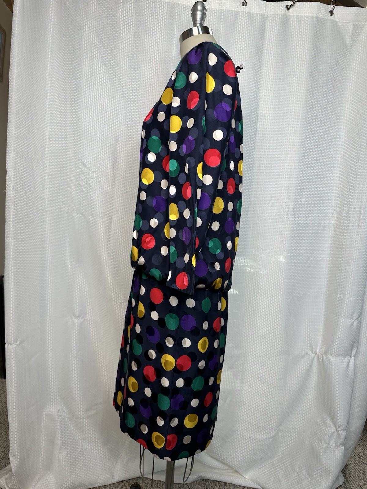 VINTAGE STANLEY SHERMAN SILK POLKA DOT LONG SLEEVE MIDI DRESS MULTICOLOR SIZE 10