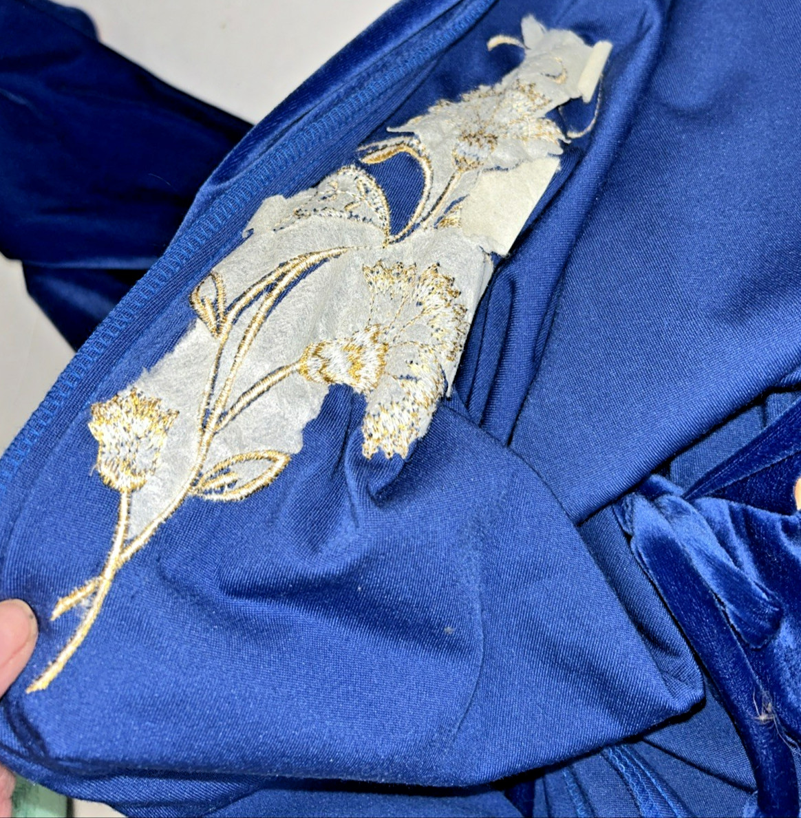 Vintage APPEL M Royal Blue Robe Plush Velour/Velvet Wrap Style Belt Floral Trim