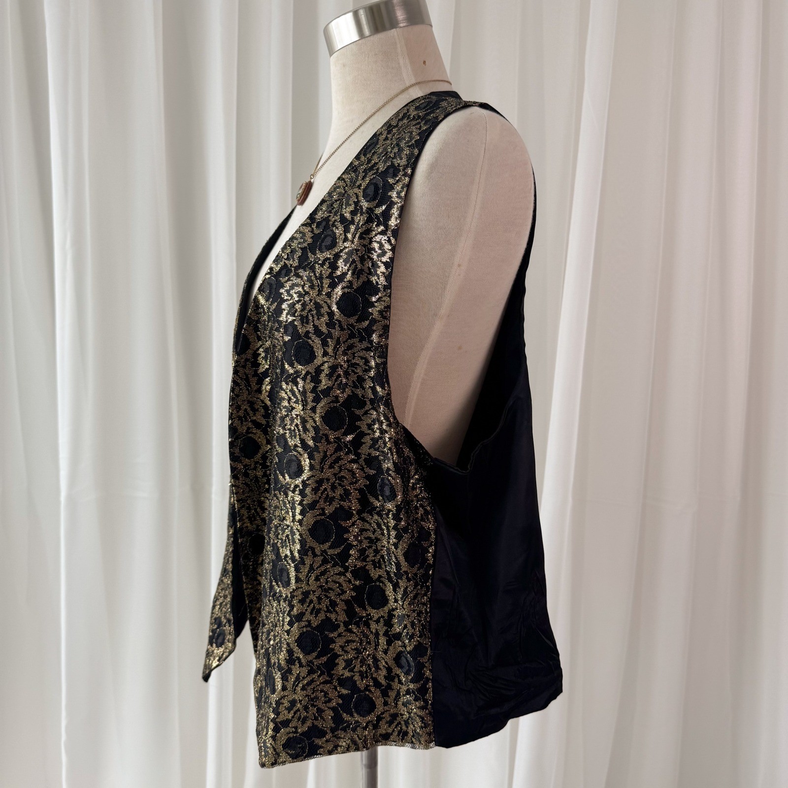 Vintage Black Gold Tapestry Vest Floral Baroque Boho Open Front Small Medium