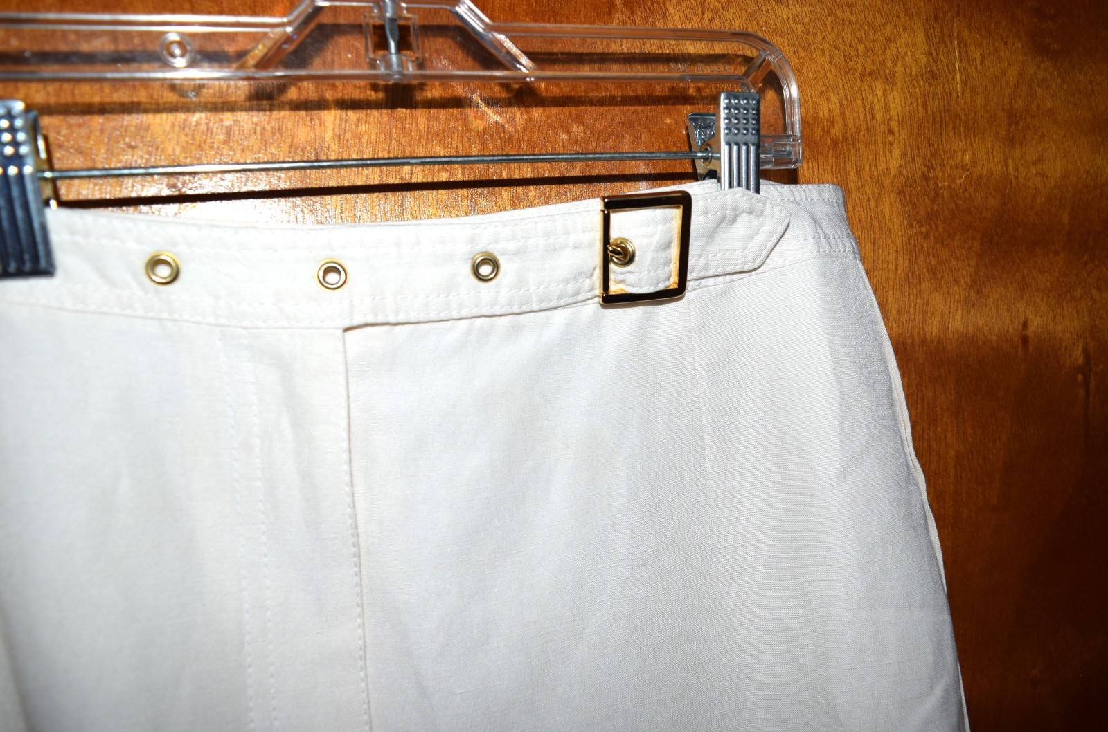 Y2K Escada Designer Skirt Silk Linen Blend Cream Pencil Gold Hardware EU Siz 40