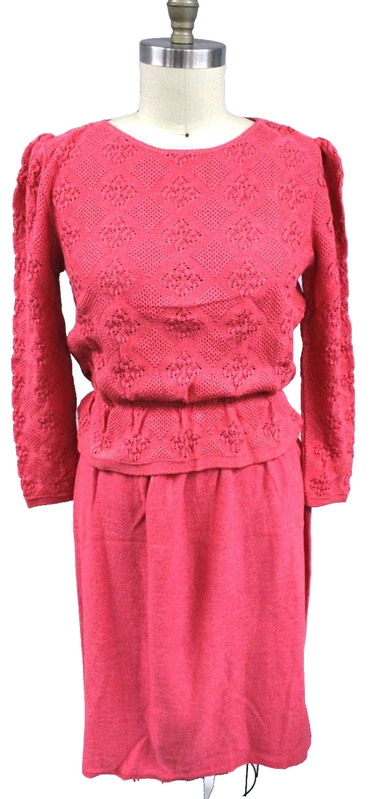 VTG 1970s Vivanti Acrylic Hot Pink Knit Skirt Suit Peplum Power Dressing Sz M