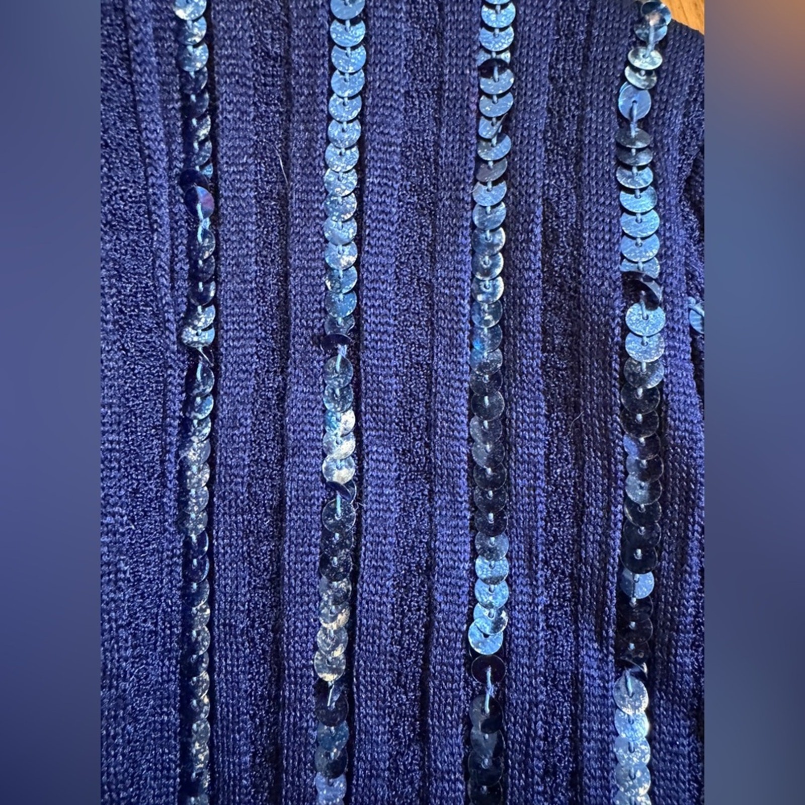 70s Vintage Perullo for Fred Perlberg Navy Blue Knit Maxi w Sequin Details Sz Xs