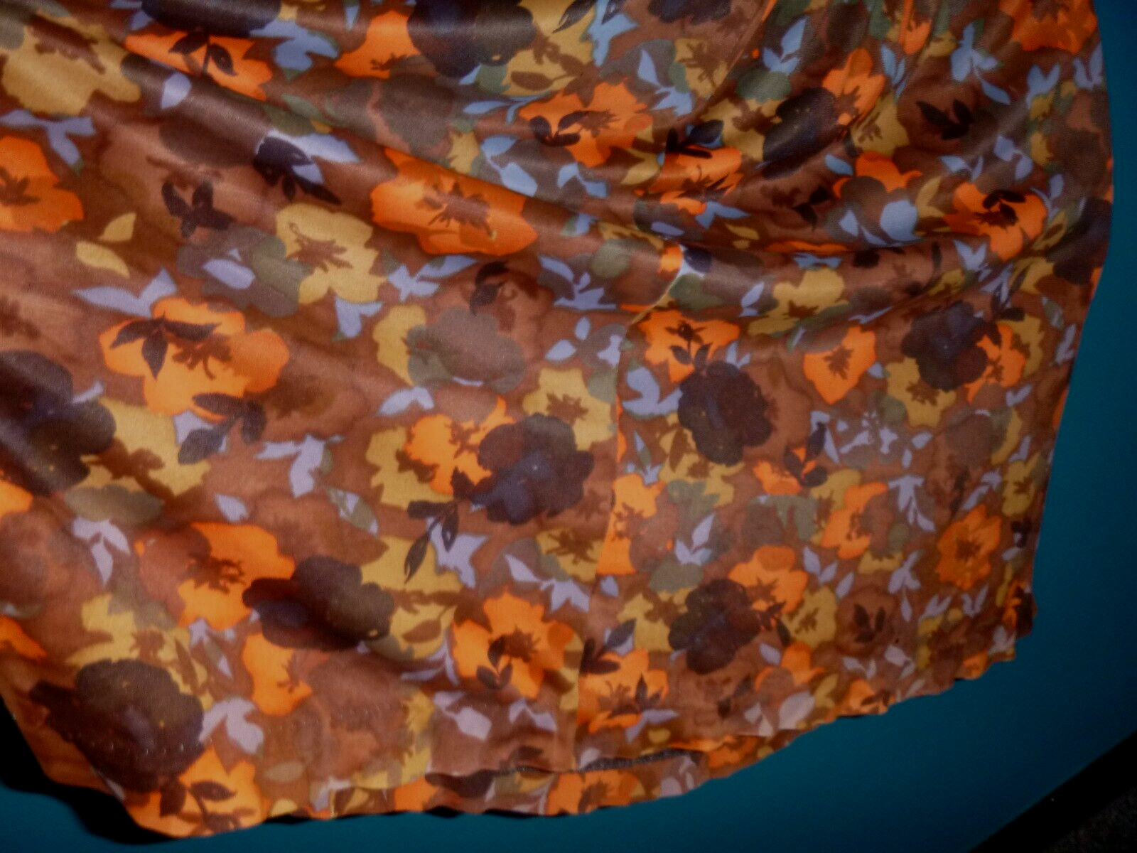 Vtg 60s Nylon Stretch Fabric Dress Multi Color Brown Orange Floral Sz S/M