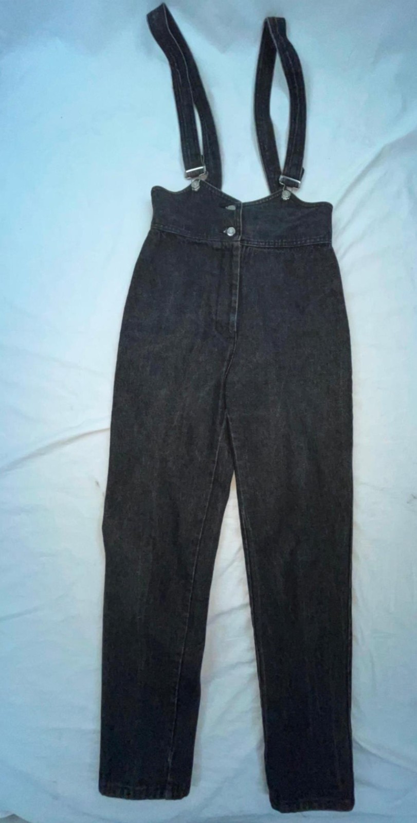 VTG 80S 90S WOMENS S BLACK FREDERICKS OF HOLLYWOOD STONE WASHED DENIM OVERALLS