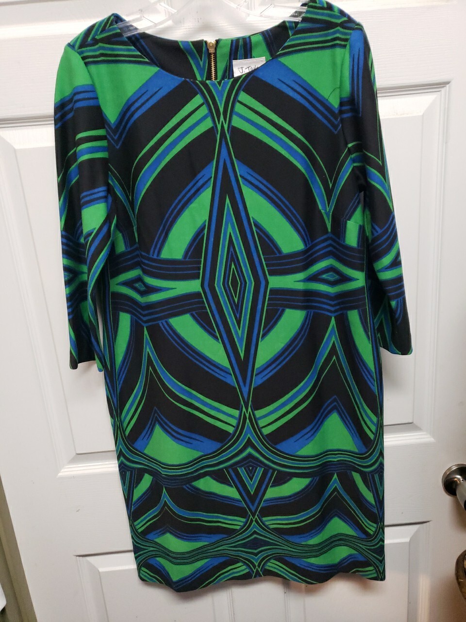 Vintage 90’s Dress Size 12 J. Taylor Green Blue Geometric 3/4 Sleeve Zipper Back