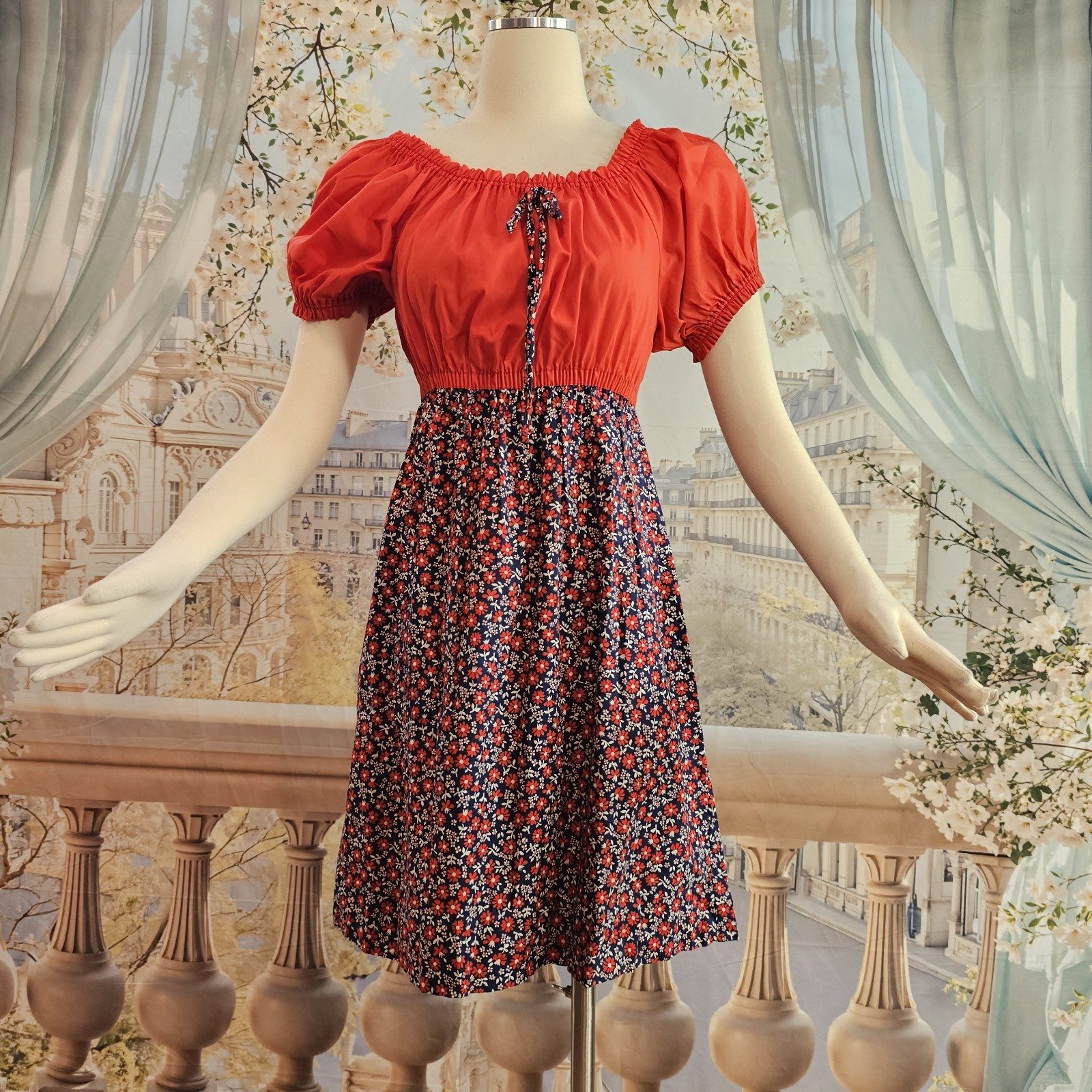 Vintage 1970s Mini Dress Red Bodice Red White Navy Floral Skirt Cottagecore