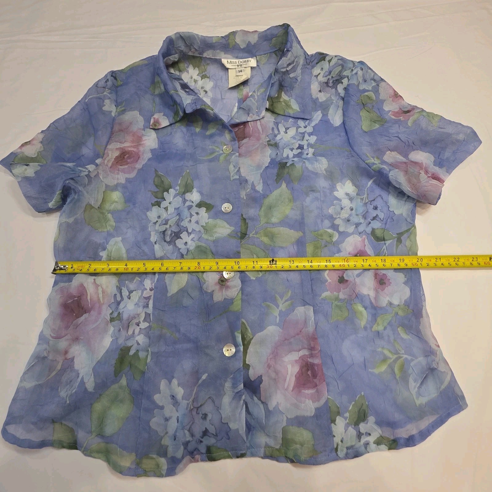 Miss Dorby Vtg Size 14 Floral Crinkle Button Up Fly Away Blouse Periwinkle Fairy