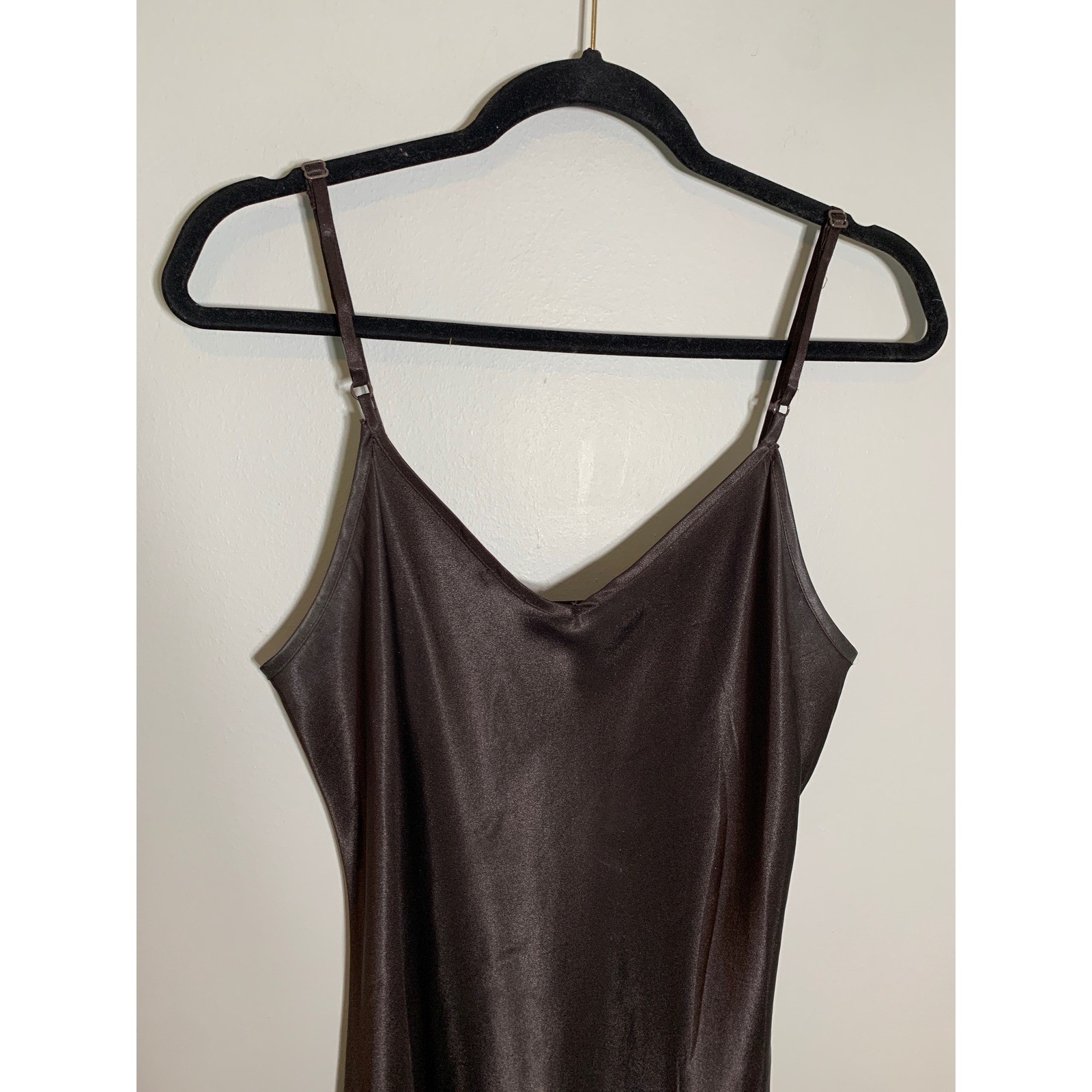 Vintage Express Y2K Slip Dress 9/10 Brown Satin Spaghetti Strap V-Neck Midi