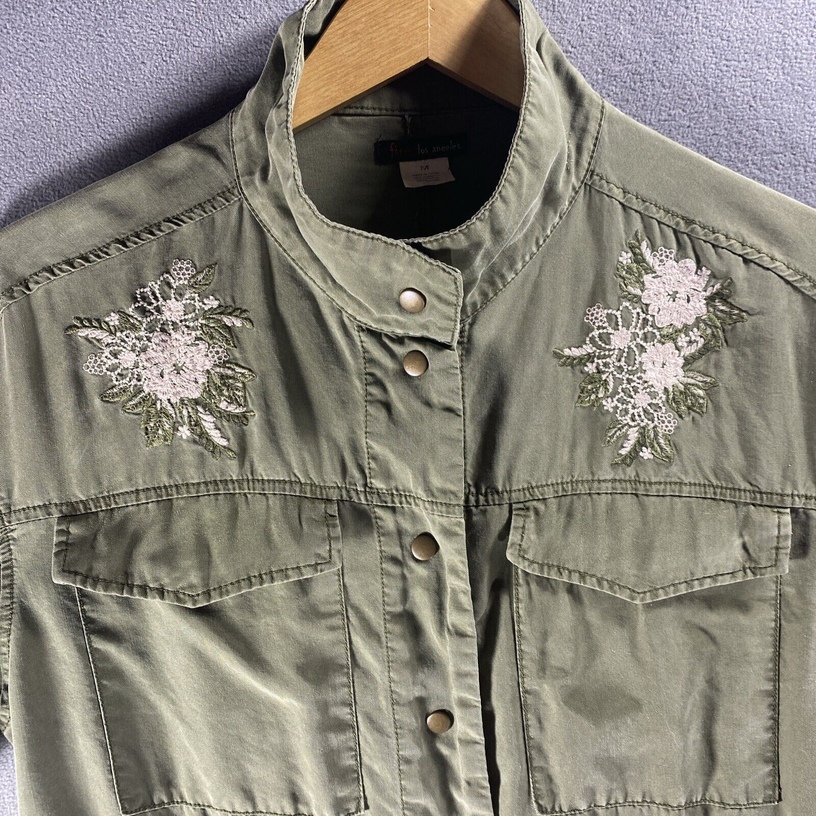 VTG Y2K Women’s Utility Cargo Jacket Medium Army Green Cinched Waist Embroidered