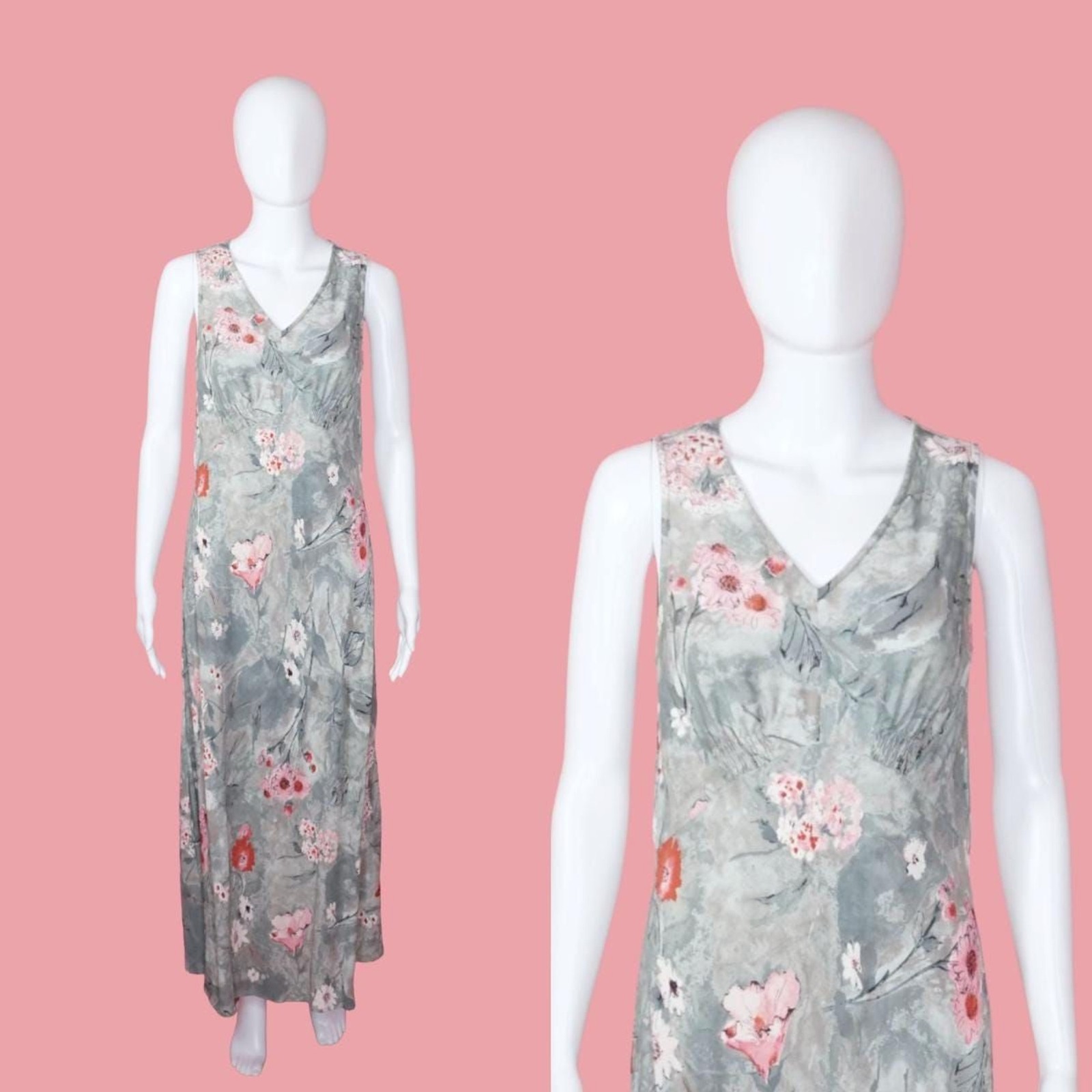 1990s-Y2K CAROLE LITTLE Ink & Watercolor Floral Print V Neck Maxi Slip Dress. SM