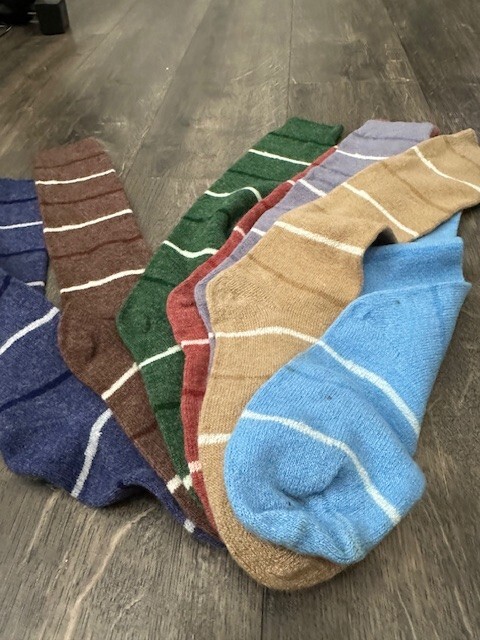 VTG 80s Striped Socks Sample Set NOS Mis Matched 7 pcs Red Brown Grey Blue Tan