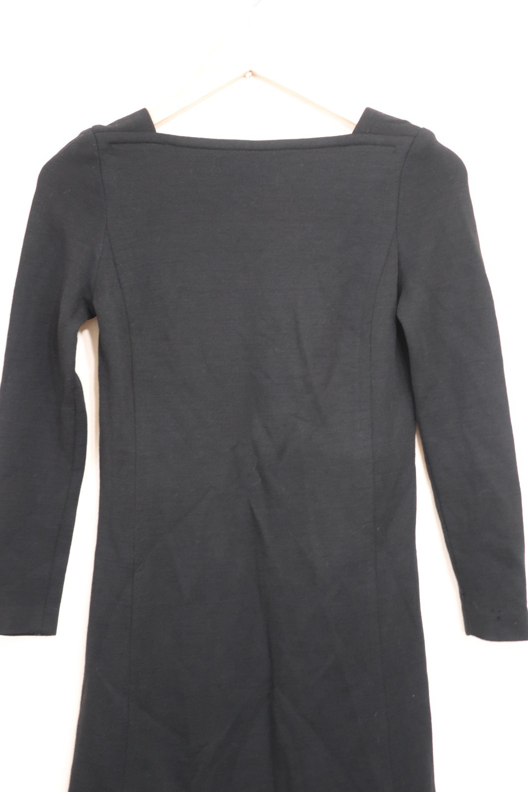 60s Vintage Black Knit Jersey Square Neck Long Sleeve Slim Shift Dress Women XS