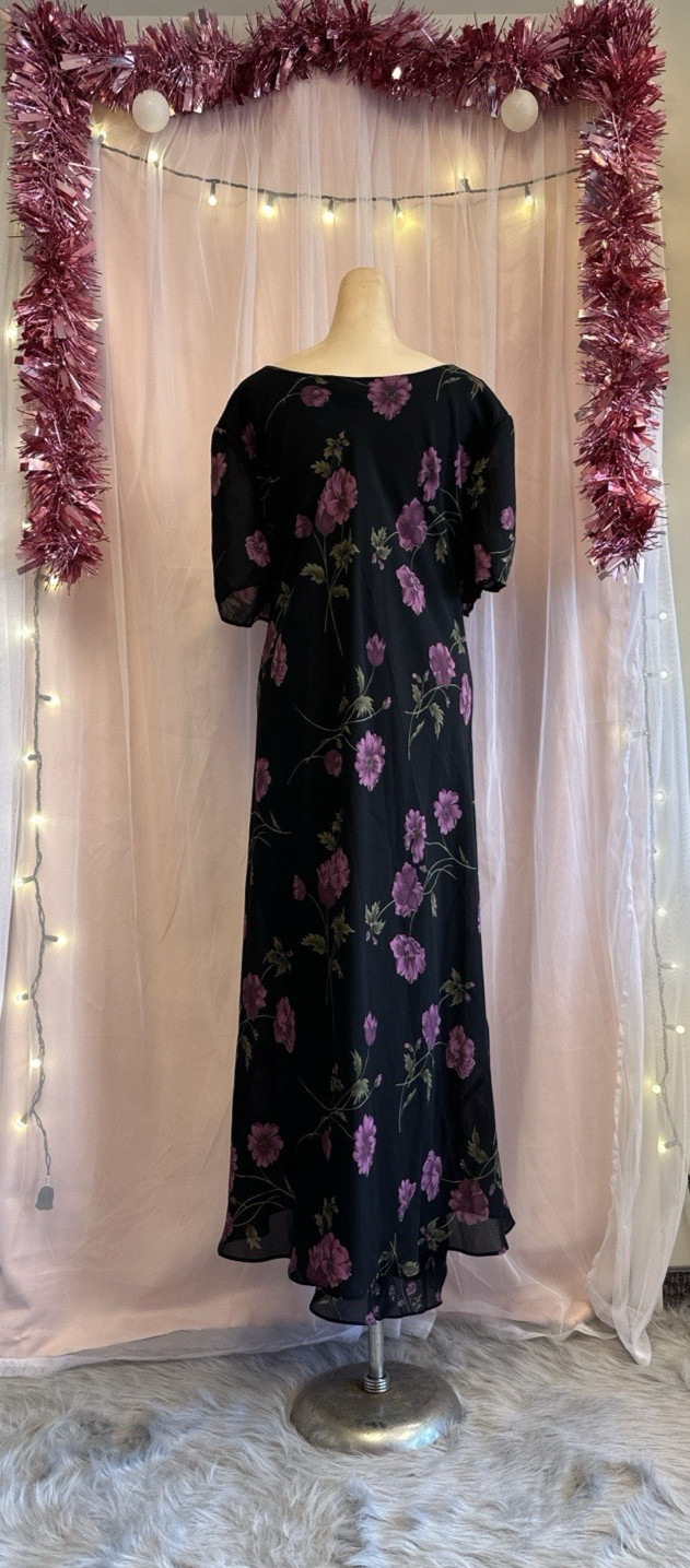 Vintage 90s Floral Print Maxi Dress Black Purple Flowy Boho Plus Size 3X