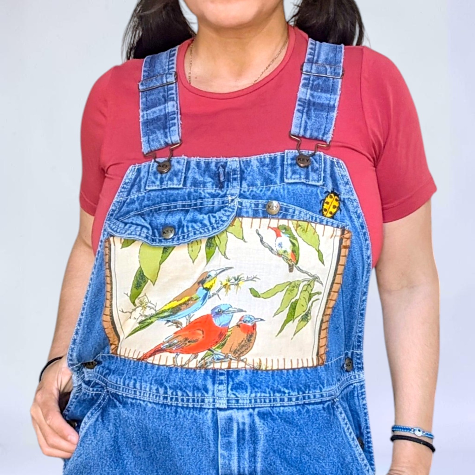 VTG 90s Key reworked birds botanical patchwork fairy cottage grunge overalls M/L