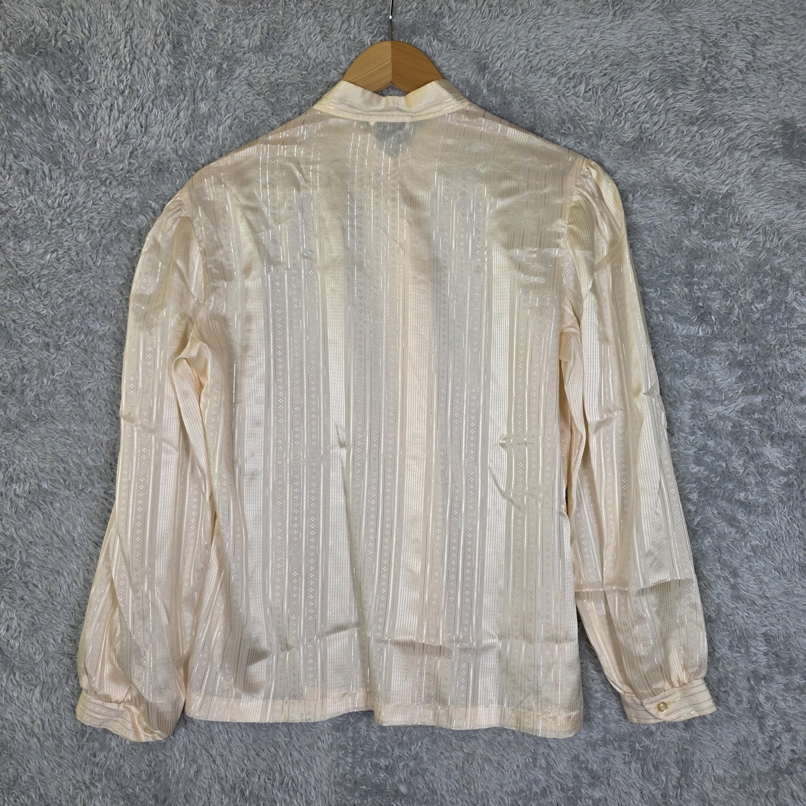 ​VTG 80s Alley Cat Metallic Stripe Blouse Poet Balloon Sleeve Shimmer Cream M L