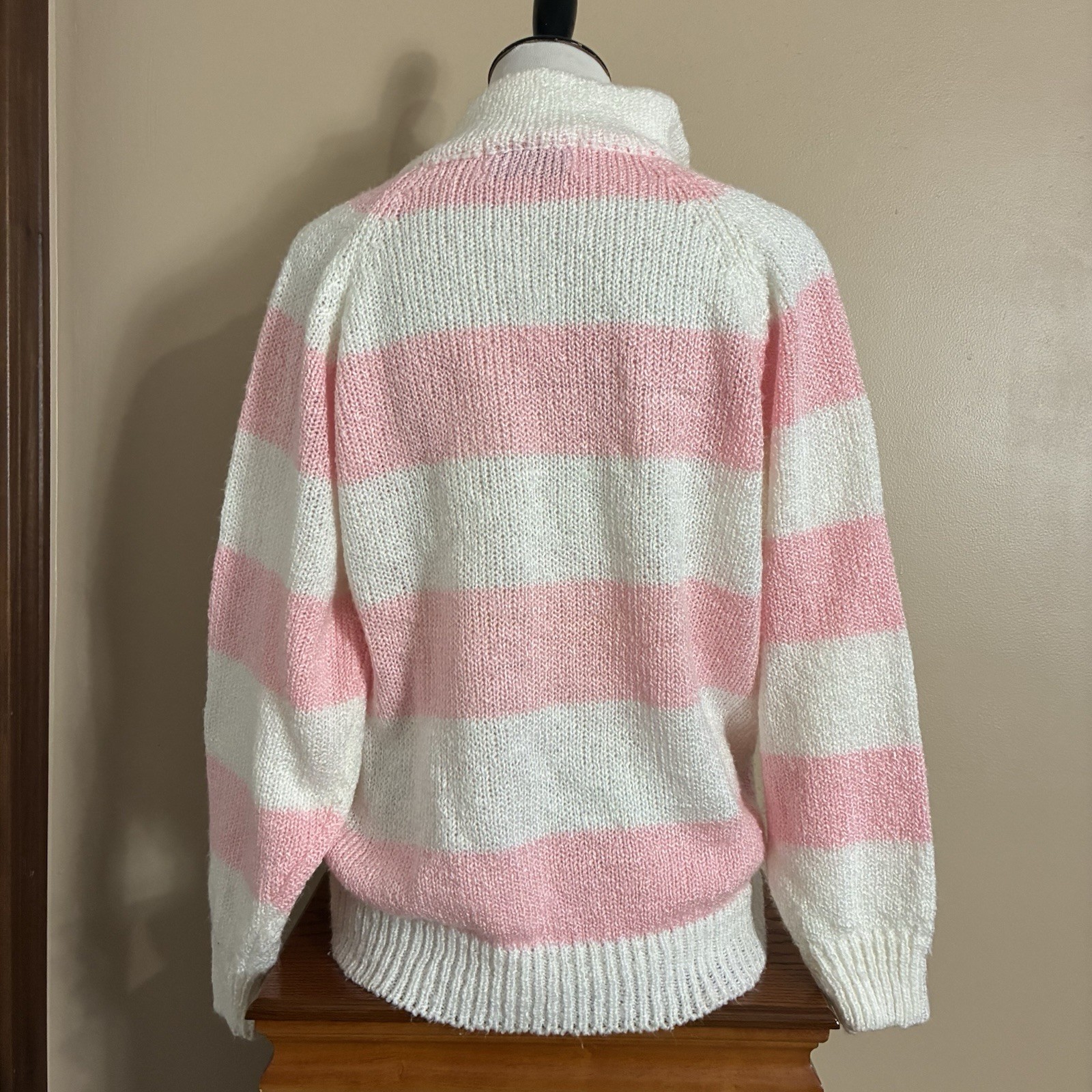 Liz Thomas Vintage Knit Sweater Sz 42/22W Pink White Chunky Stripes Collared