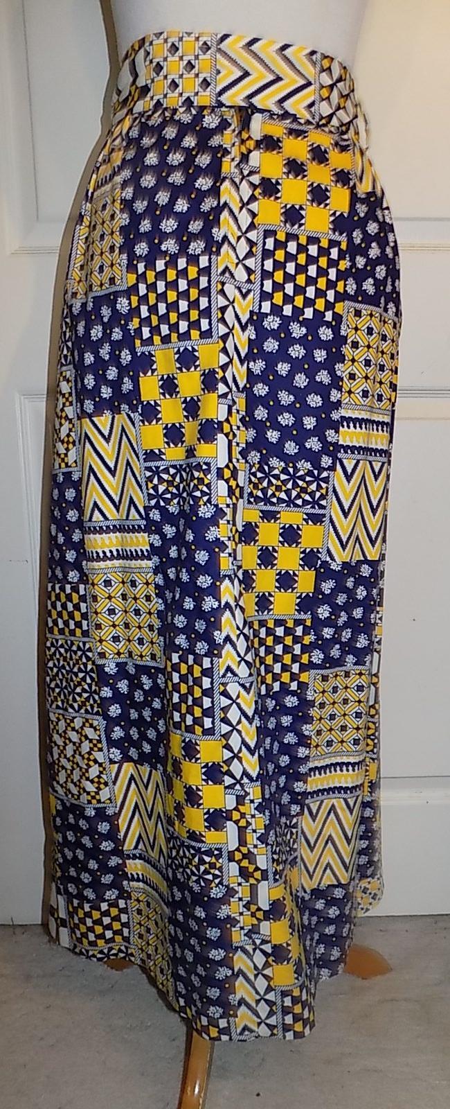 Vintage 60s Blue Yellow White Cotton Long Maxi Skirt Matching Fringed Sash W24