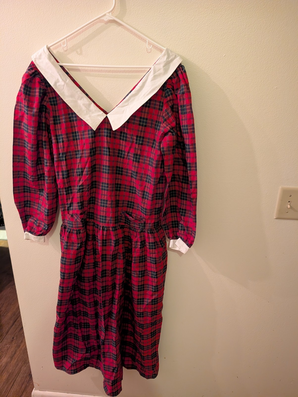 Vintage Eileen West Dress Womens Sz 12 Plaid Prairie Modest Red Tartan & White L